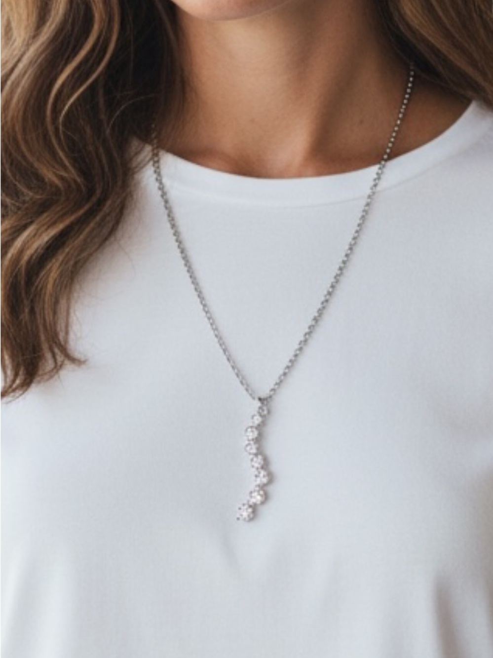Silver Tone Crystal Graduated Drop Pendant Necklace - Silver - Picture 2 of 5